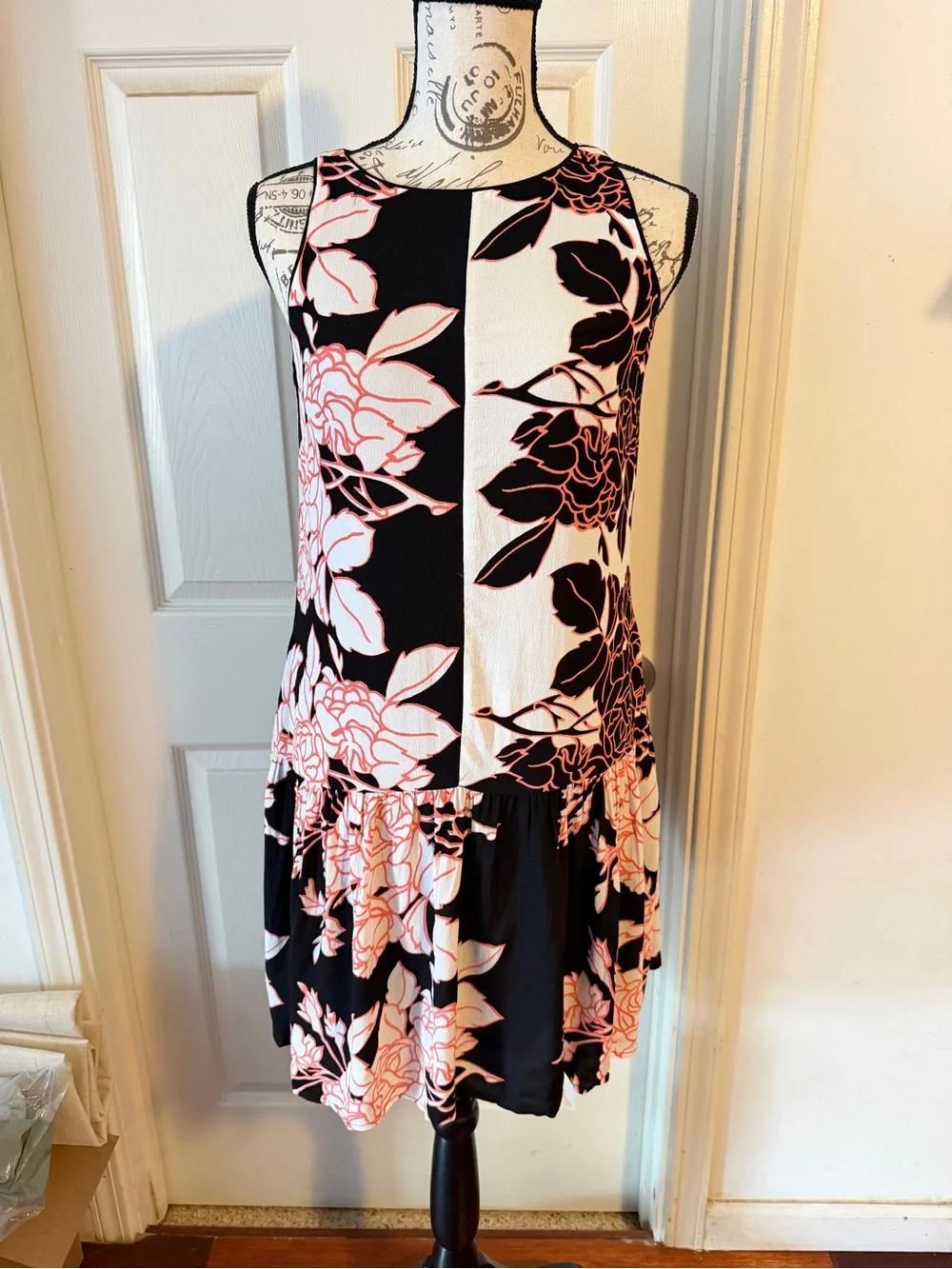Anthropologie Black and Pink Floral Panel Mini Dress